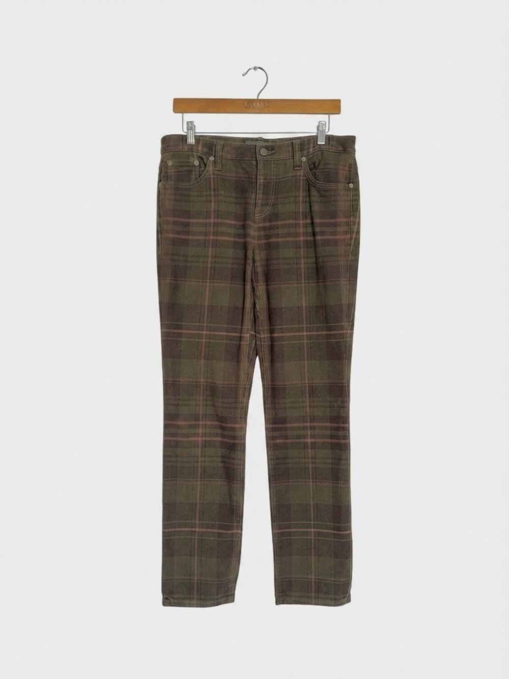 Ralph Lauren Olive Green Plaid Trousers with Subtle Pink Accent